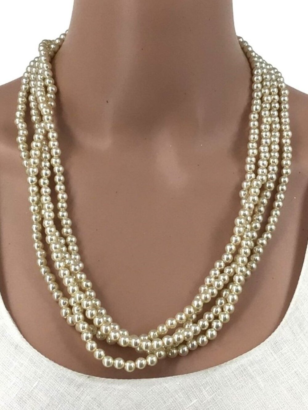 Vintage Torsade Faux Pearl Necklace Multi Strand 24 Inch Length C-Clasp
